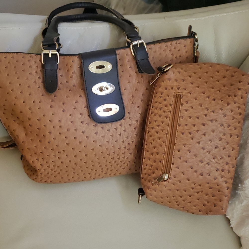 2 bags -- Tan ostrich print bag & inside bag